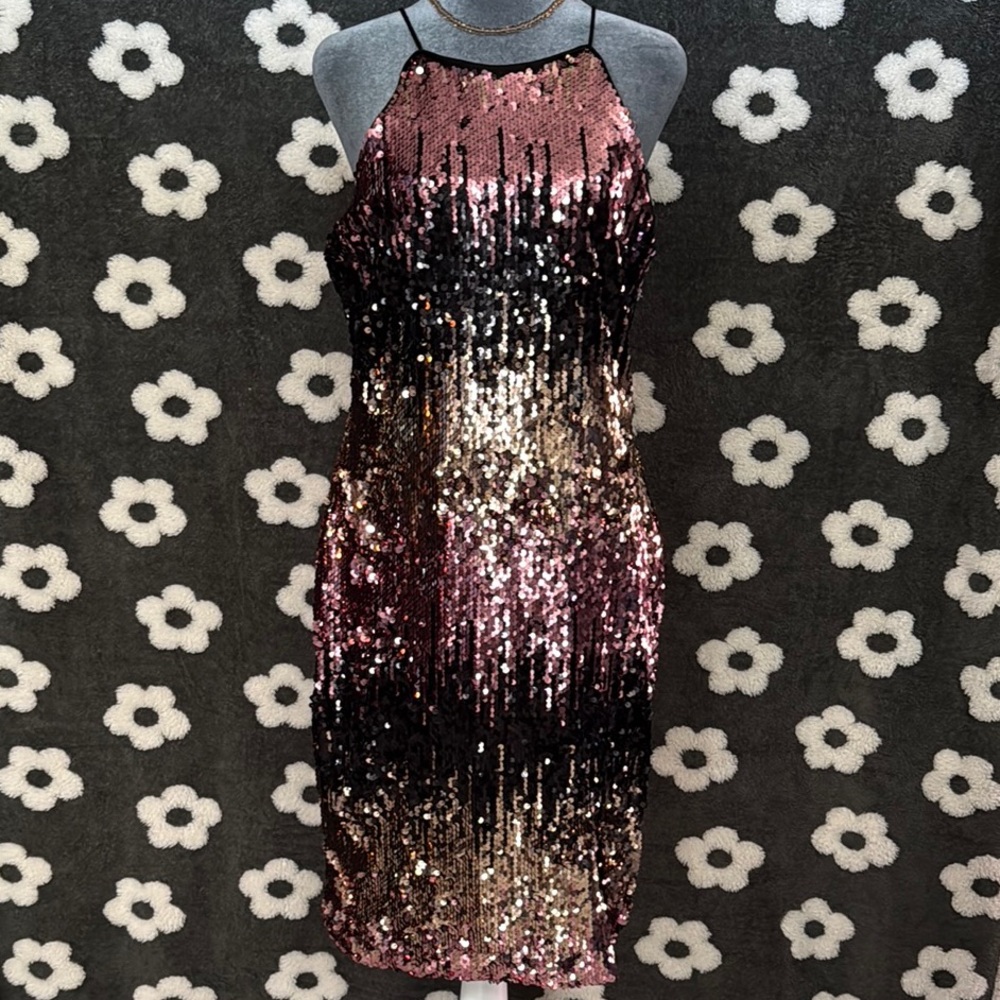 Venus Sequin Halter Dress - Black, Gold, and Pink
